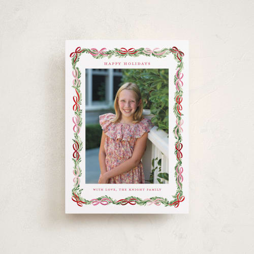 This is a candy cane petite holiday cards with standard by Sarah Knight called boughs of bows printing on recycled smooth signature in petite