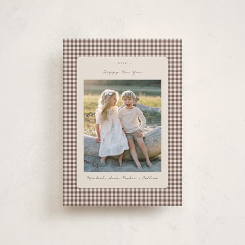 This is a gingerbread latte petite holiday cards with standard by Emily Betts called gingham vintage printing on recycled smooth signature in petite