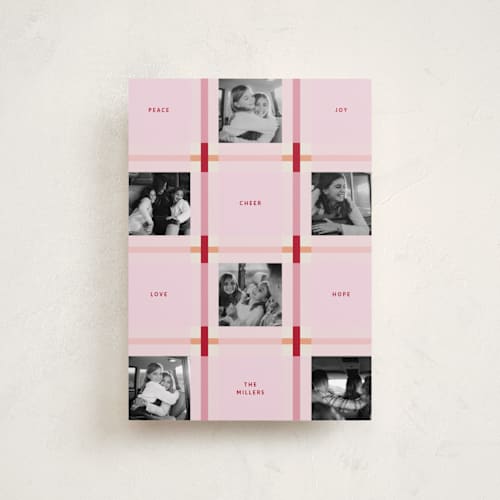 This is a strawberry petite holiday cards with standard by Inkblot Design called plaid squared printing on recycled smooth signature in petite