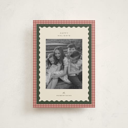 This is a cranberry petite holiday cards with standard by Ellen Schlegelmilch called gingham layers printing on recycled smooth signature in petite