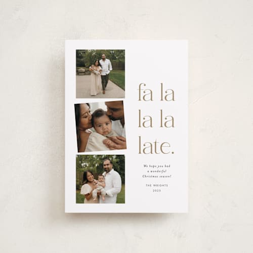 This is a golden petite holiday cards with standard by Amy Payne called fa la la la late printing on recycled smooth signature in petite