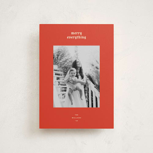 This is a persimmon petite holiday cards with standard by Carrie Moradi called hued mat printing on recycled smooth signature in petite