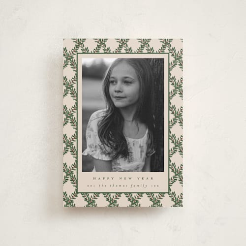 This is a eggnog petite holiday cards with standard by Leah Bisch called holly trellis printing on recycled smooth signature in petite