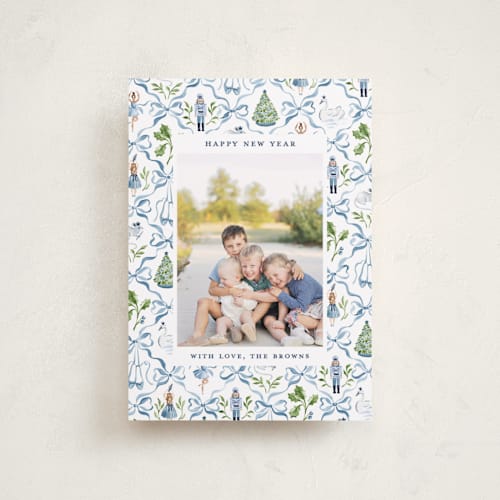 This is a blue ribbon petite holiday cards with standard by Sarah Knight called nutcracker ribbons printing on recycled smooth signature in petite