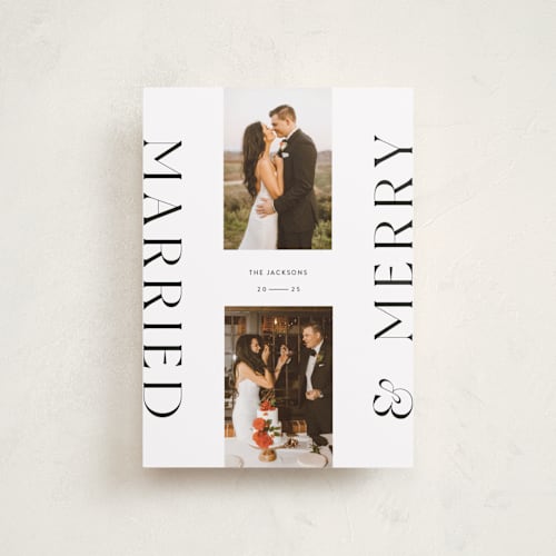 This is a snowflake petite holiday cards with standard by Laura Bercovich called merrily married printing on recycled smooth signature in petite