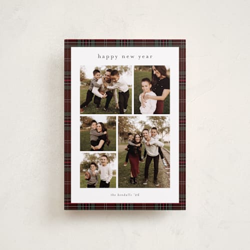 This is a burgundy petite holiday cards with standard by Stacey Meacham called plaid collage printing on recycled smooth signature in petite