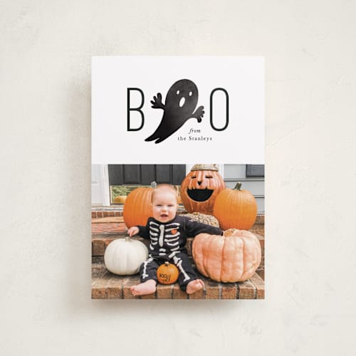This is a ghostly halloween party invitations cards with standard by Mansi Verma called boo from us printing on recycled smooth signature in petite