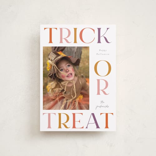This is a candy bucket halloween party invitations cards with standard by Jackie Crawford called bold trick or treat printing on recycled smooth signature in petite