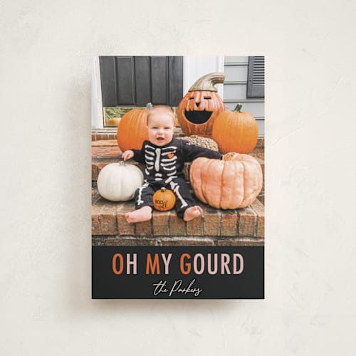 This is a pumpkin halloween party invitations cards with standard by Dawn Pope called oh my gourd printing on recycled smooth signature in petite