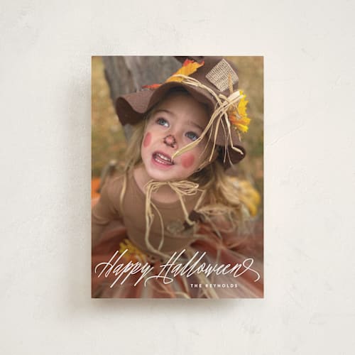 This is a ghostly white halloween party invitations cards with standard by Hooray Creative called spooky script printing on recycled smooth signature in petite