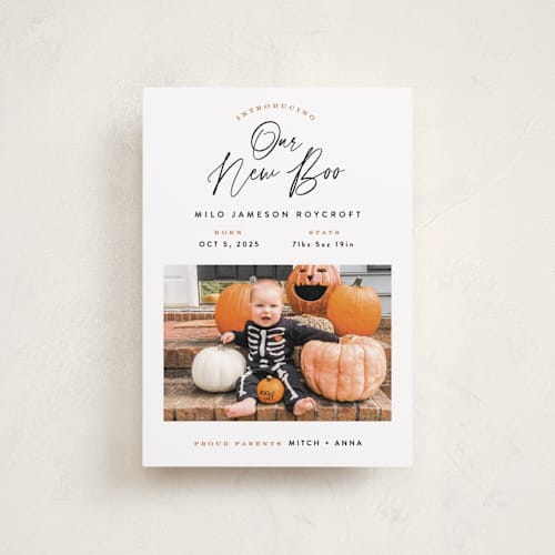This is a pumpkin halloween party invitations cards with standard by Hooray Creative called our new boo printing on recycled smooth signature in petite