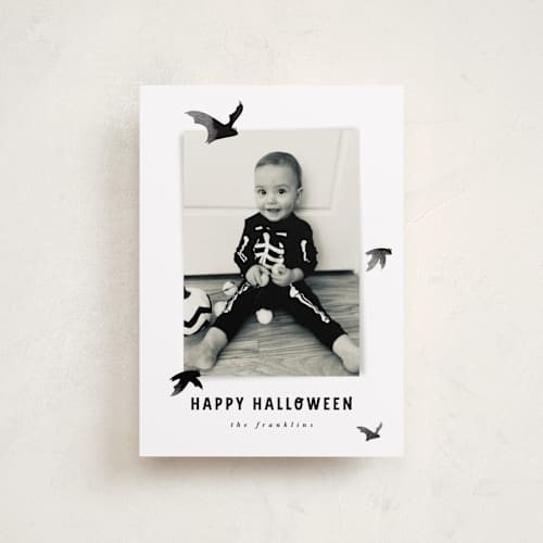 This is a midnight halloween party invitations cards with standard by Angela Garrick called batty printing on recycled smooth signature in petite