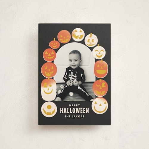 This is a storm halloween party invitations cards with standard by Baumbirdy called pumpkin arch printing on recycled smooth signature in petite