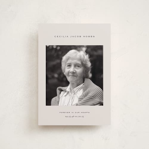 This is a champagne memorial cards with standard by Sara Hicks Malone called forever - in our hearts printing on recycled smooth signature in petite