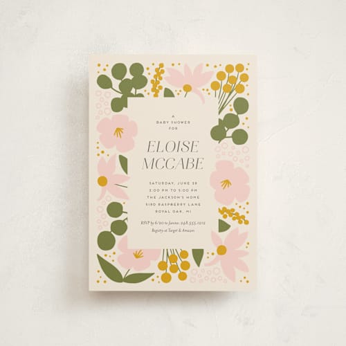This is a chartreuse baby shower postcards with standard by Genna Blackburn called blossoms abound printing on signature in postcard