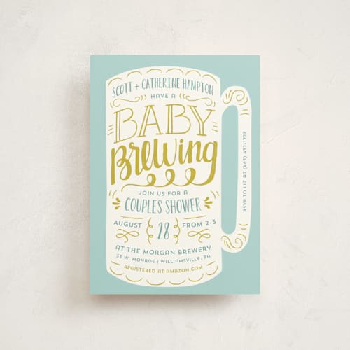 This is a goldenrod baby shower postcards with standard by Laura Hankins called baby brewing printing on signature in postcard