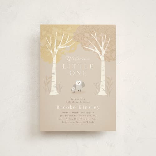This is a almond baby shower postcards with standard by Jennifer Wick called little owlet printing on signature in postcard