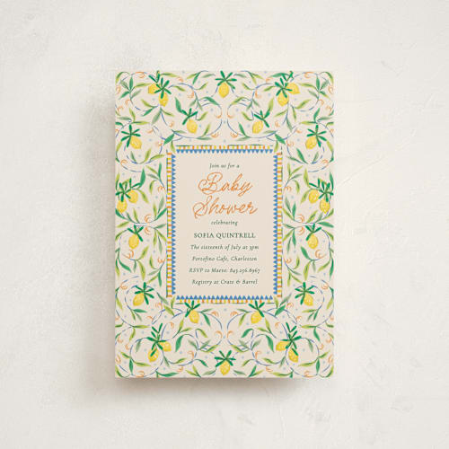 This is a cinque terre baby shower postcards with standard by Jackie Crawford called petit lemon printing on signature in postcard