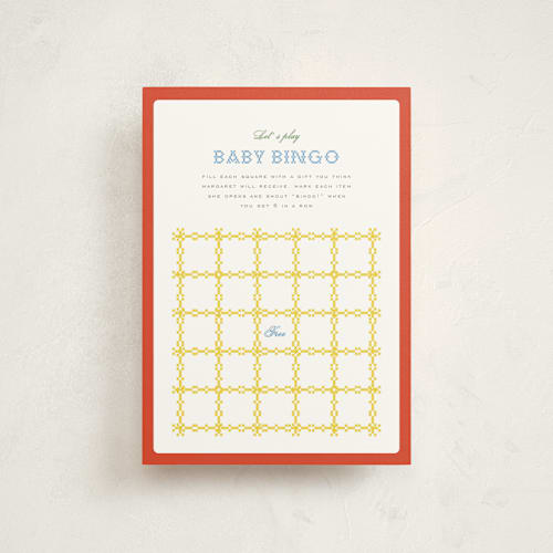 This is a rainbow baby shower postcards with standard by Erin L. Wilson called cross-stitched sampler printing on signature in postcard