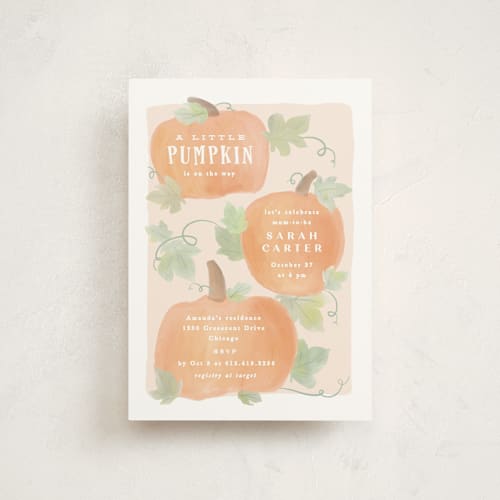 This is a blush baby shower postcards with standard by Creo Study called lil pumpkin printing on signature in postcard