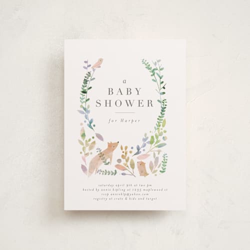 This is a forest baby shower postcards with standard by Lori Wemple called woodland printing on signature in postcard