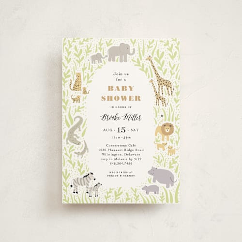 This is a sage baby shower postcards with standard by Jennifer Wick called savannah animals printing on signature in postcard
