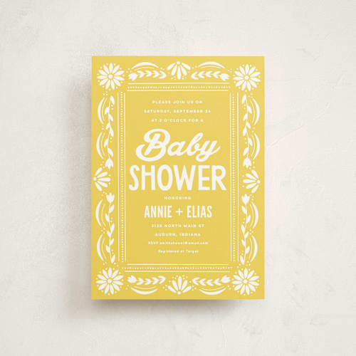 This is a marigold baby shower postcards with standard by Jessie Steury called pretty picado printing on signature in postcard