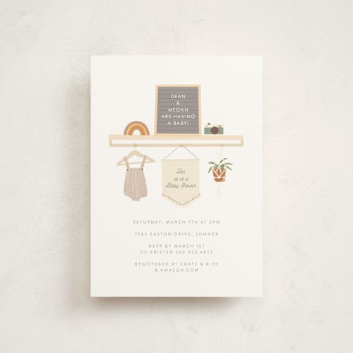 This is a terracotta baby shower postcards with standard by Itsy Belle Studio called scandi boho printing on signature in postcard