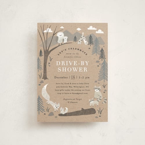 This is a kraft baby shower postcards with standard by Jennifer Wick called woodland's welcome printing on signature in postcard