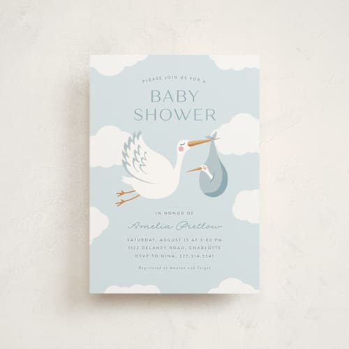 This is a sky baby shower postcards with standard by Jen Banks called baby stork printing on signature in postcard