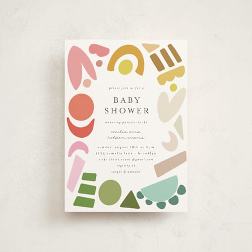 This is a rainbow baby shower postcards with standard by Morgan Kendall called rainbow shapes printing on signature in postcard