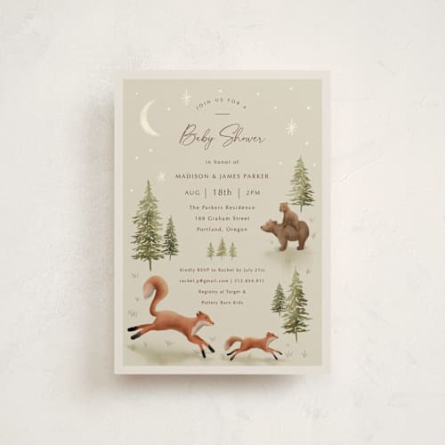 This is a olive baby shower postcards with standard by Elly called forest adventure printing on signature in postcard