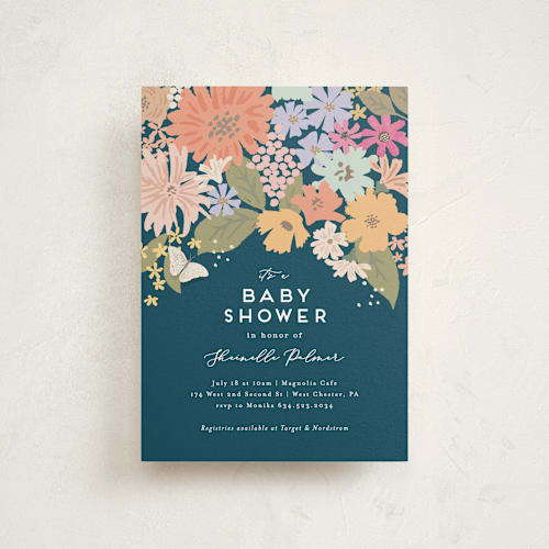 This is a navy baby shower postcards with standard by Jennifer Wick called seedlings printing on signature in postcard