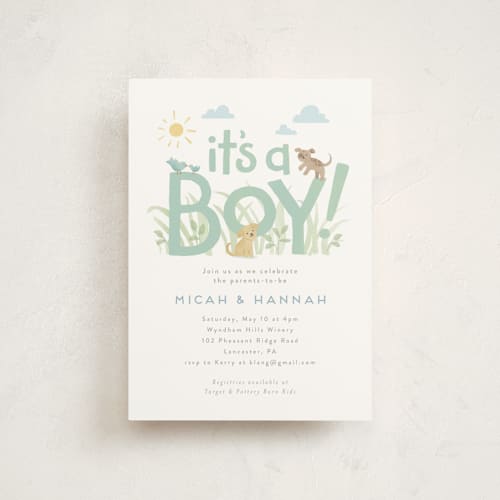 This is a mint baby shower postcards with standard by Jennifer Wick called little pups printing on signature in postcard