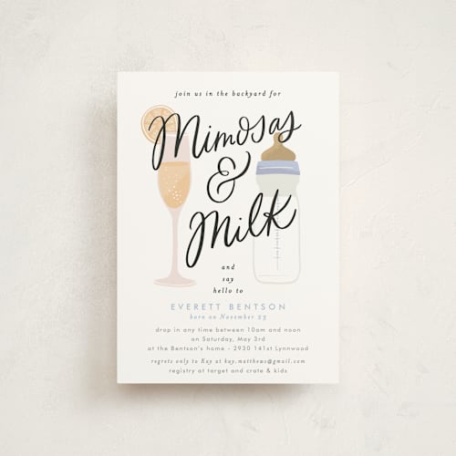 This is a sky baby shower postcards with standard by Alethea and Ruth called mimosas and milk printing on signature in postcard