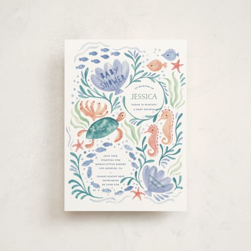 This is a lavender waters baby shower postcards with standard by Sarah Knight called sea party printing on signature in postcard