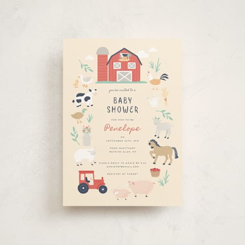 This is a butter baby shower postcards with standard by peetie design called barn baby printing on signature in postcard