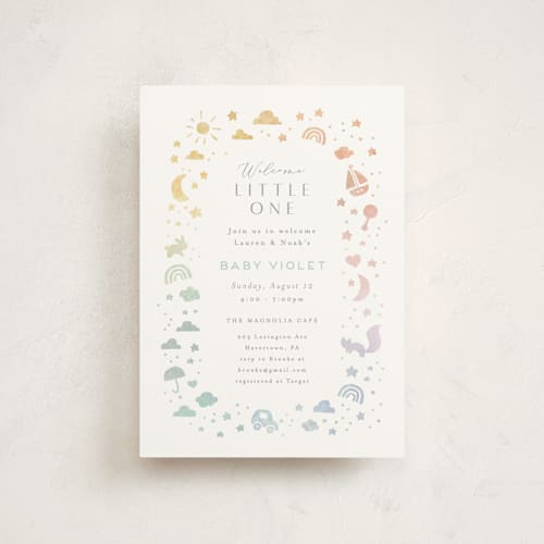 This is a rainbow baby shower postcards with standard by Jennifer Wick called ethereal stars printing on signature in postcard
