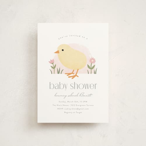 This is a blush baby shower postcards with standard by Carolyn MacLaren called little chick printing on signature in postcard