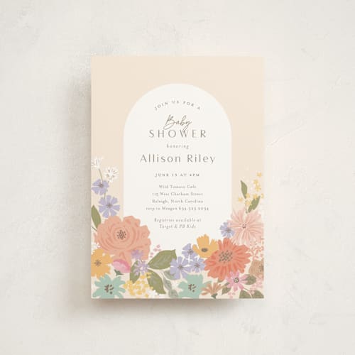 This is a flamingo baby shower postcards with standard by Jennifer Wick called petite garden printing on signature in postcard