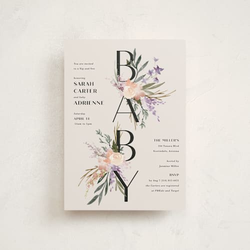 This is a amethyst baby shower postcards with standard by Kate Ahn called stacked bouquets printing on signature in postcard