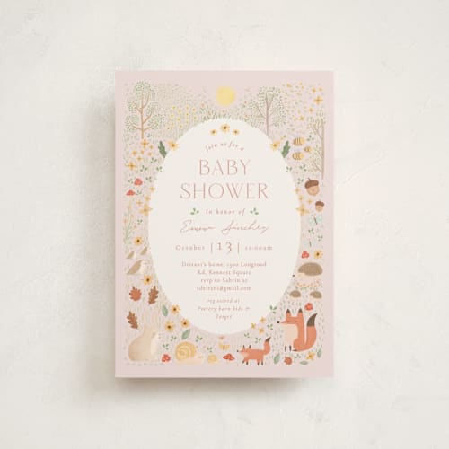 This is a salmon baby shower postcards with standard by Sabrin Deirani called baby shower in the forest printing on signature in postcard