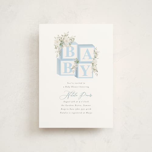 This is a baby blue baby shower postcards with standard by Itsy Belle Studio called botanical blocks printing on signature in postcard