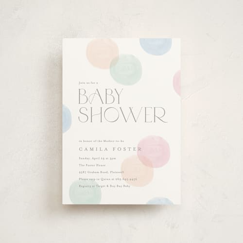 This is a confetti baby shower postcards with standard by Pixel and Hank called polka dot party printing on signature in postcard