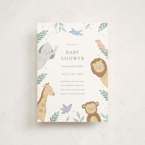 This is a mint baby shower postcards with standard by Christy Hy Lee called jungle animals printing on signature in postcard