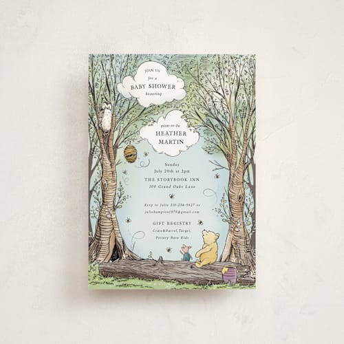 This is a sky baby shower postcards with standard by Becky Nimoy called disney's winnie the pooh in the wood printing on signature in postcard