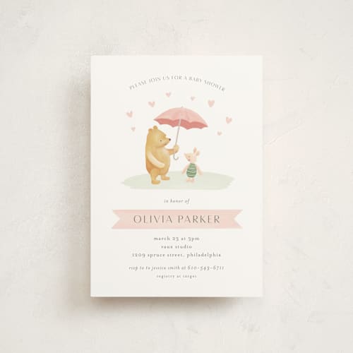 This is a blush baby shower postcards with standard by Katherine Moynagh called disney's pooh and piglet printing on signature in postcard