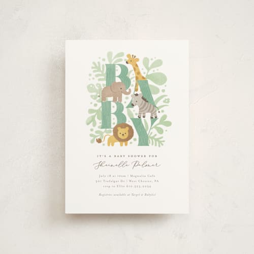 This is a mint baby shower postcards with standard by Jennifer Wick called petite safari printing on signature in postcard