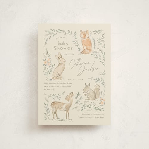 This is a ginger baby shower postcards with standard by Creo Study called vintage woodland printing on signature in postcard