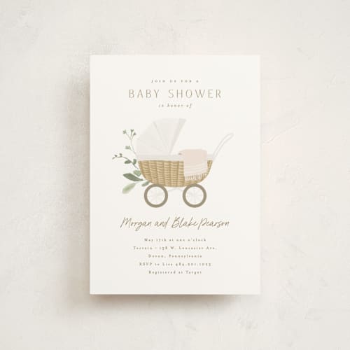 This is a porcelain baby shower postcards with standard by Everett Paper Goods called boho buggy printing on signature in postcard